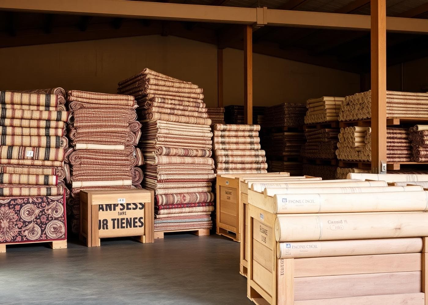 Warehouse of rolled handmade carpets ready for export